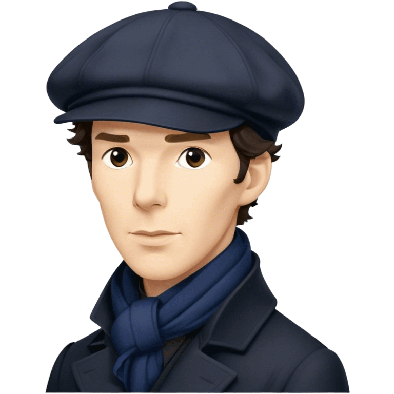 sherlock holmes benedict cumberbatch, wearing a deerstalker hat, Long dark coat, Dark suits, dark Blue scarf emoji