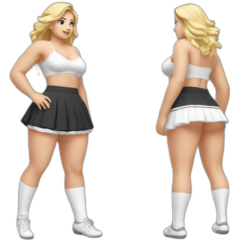 full-body-caucasian-curvy-beauty-кланяется-short-black-skirt-back-and-front-views-strong-wind-knickers-long-white-socks emoji