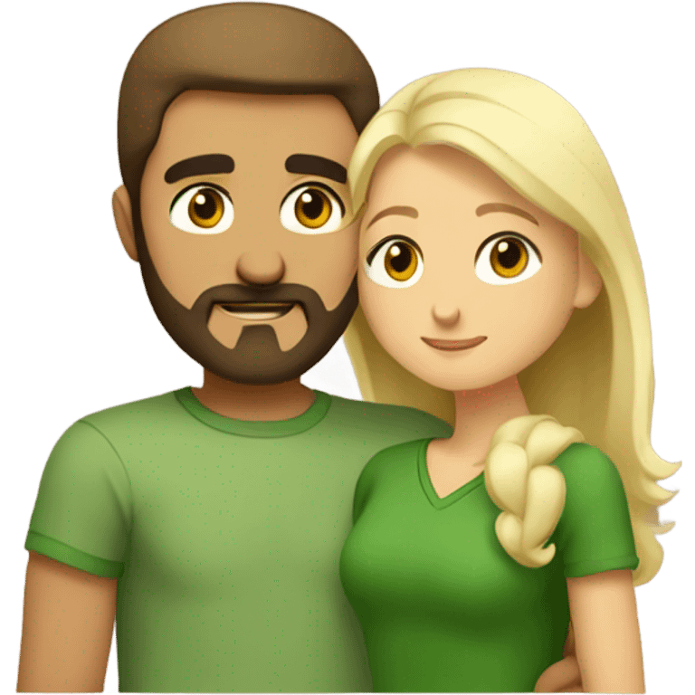 A bearded Armenian man in a green T-shirt stands and hugs a blonde girl with brown eyes in a brown dress emoji