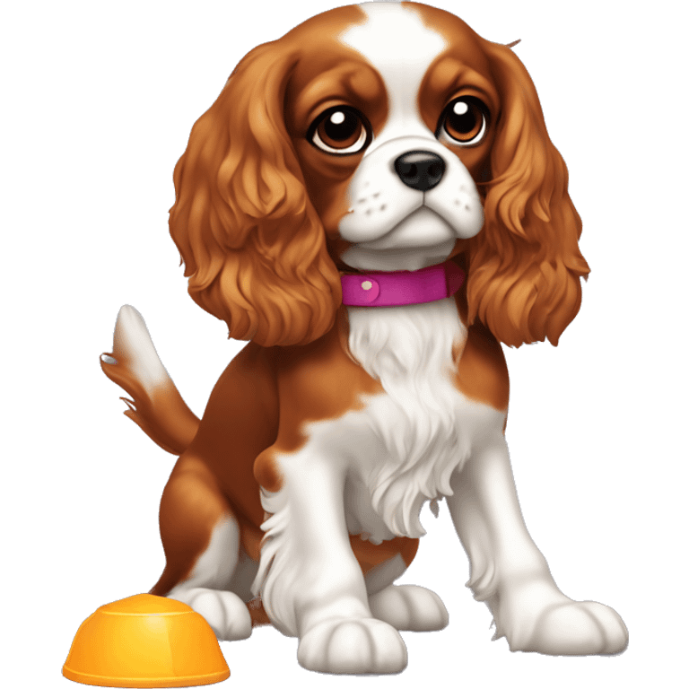 Cavalier King Charles spaniel playing with toy emoji