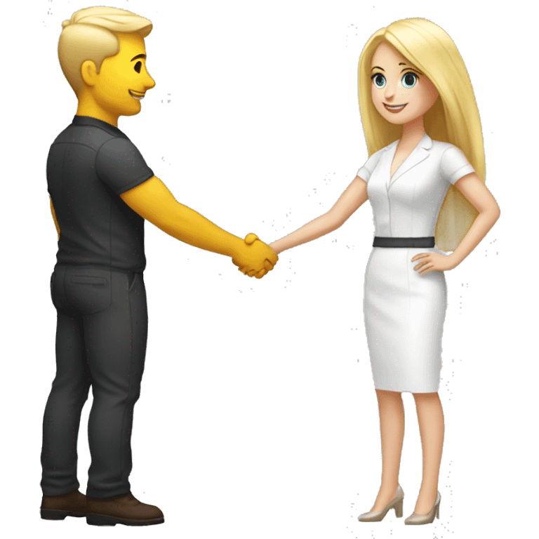 restaurant owner with white skin and blogger with white skin and blonde hair shaking hands in great detail and full height emoji