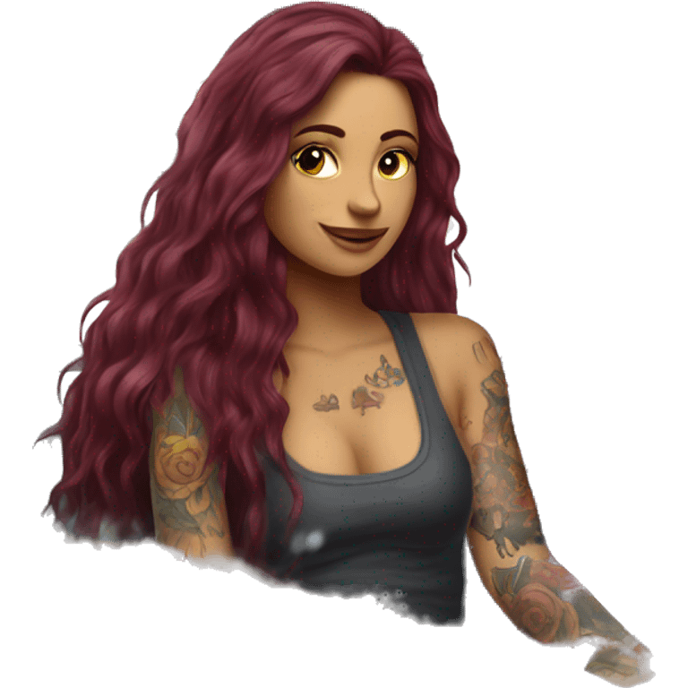 Beautiful tattooed burgundy long haired woman washing a car emoji