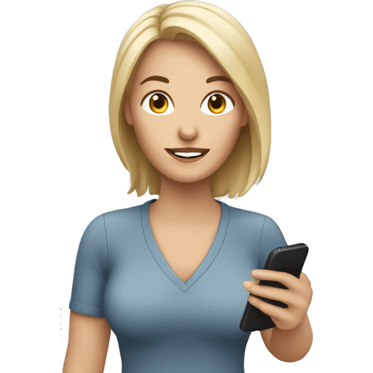 white woman holding phone to viewer. emoji