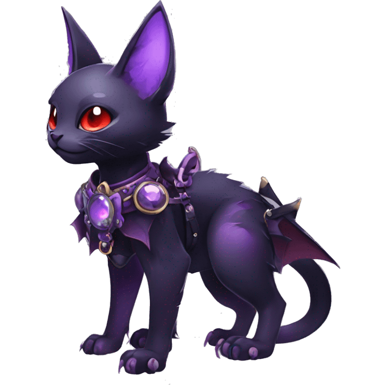 cool kawaii edgy evil black purple red ethereal fantasy beautiful elegant nargacuga-bat-cat-Fakemon wearing legs spats a collar harness with jewelries full body emoji