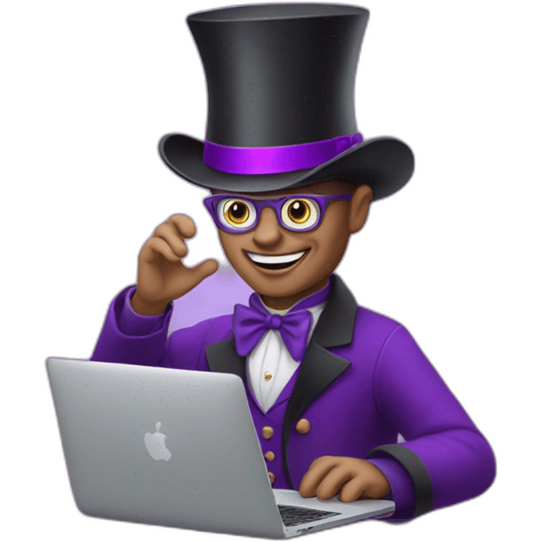 magician with a purple magic hat working on a macbook emoji