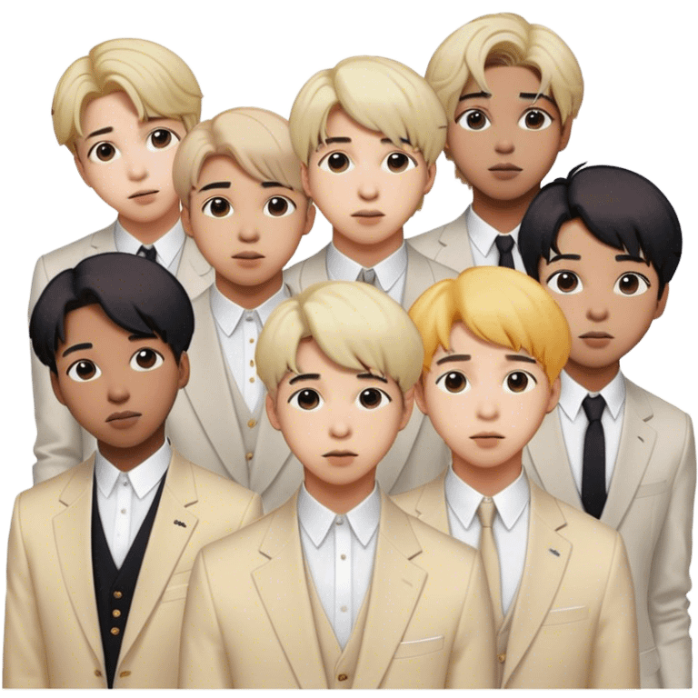 Cinematic Realistic group portrait of BTS featuring all 7 members in stylish modern attire, with detailed facial expressions and vibrant colors, captured in dynamic, contemporary lighting that emphasizes their global pop icon status emoji