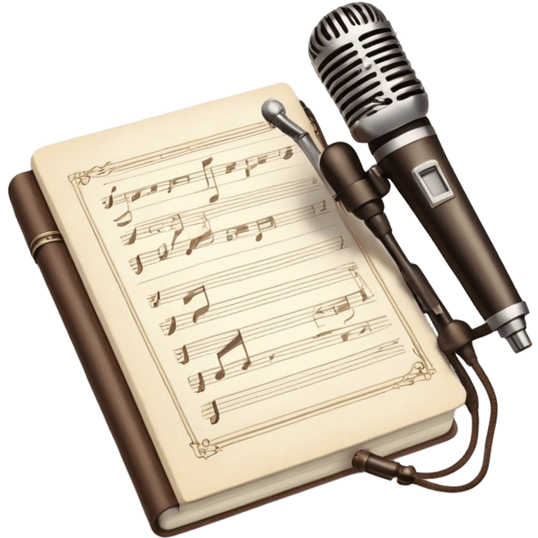 Create an emoji representing songwriting. The design should feature an open notebook or sheet music with visible lyrics and musical notes, symbolizing the process of writing song lyrics. A pen or pencil should be placed near the notebook, indicating active writing. Optionally, include a vintage microphone or a quill to add a creative touch. Use a harmonious color palette with warm and neutral tones. Do not include any emojis or smiley faces. Make the background transparent. emoji