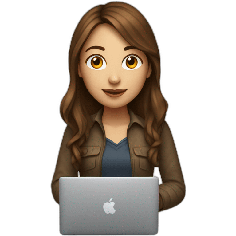 Beautiful programmer girl with brown hair working with MacBook emoji