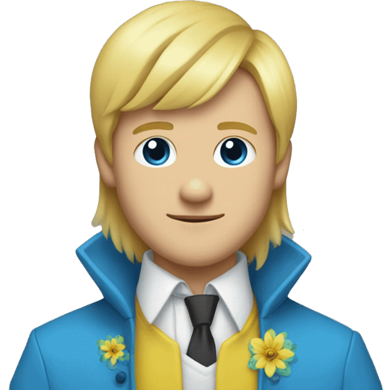 A blonde guy with 2 bangs,left eye blue,right eye yellow,a big white shirt,a yellow coat with a big blue flower shape crystal in the middle of the coat emoji