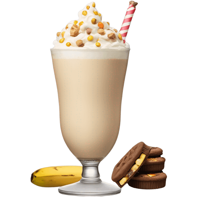 banana reese’s pieces milkshake topped with a toasted marshmallow, white chocolate boxing glove, and a peanut butter cookie emoji