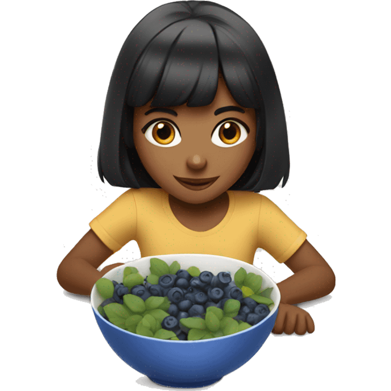 brown girl with black hair with bangs eating blueberries in bowl emoji