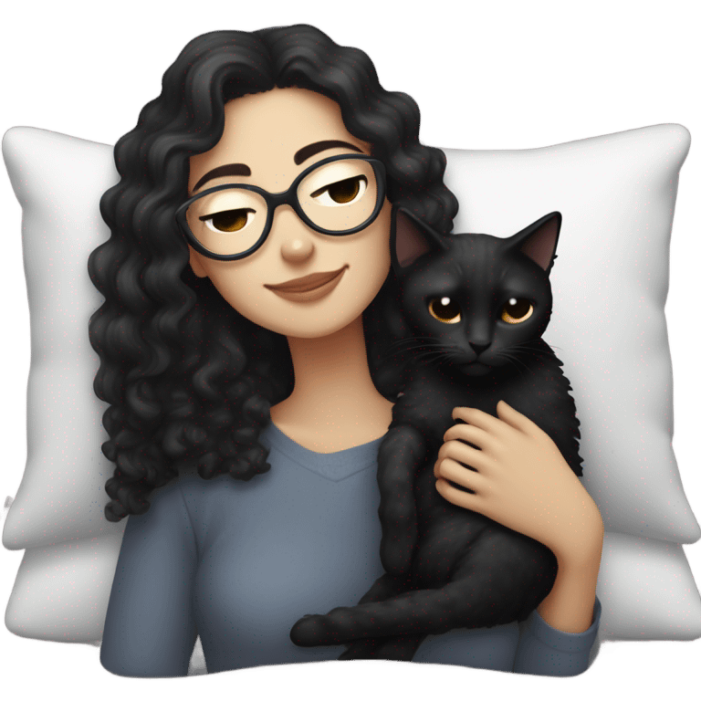 Pale white young woman with dark curly hair with glasses cuddling, sleeping with black cat emoji