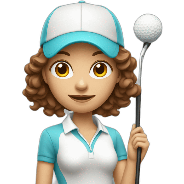 female with brown wavy hair dressed in golfwear with golf club and golf ball emoji