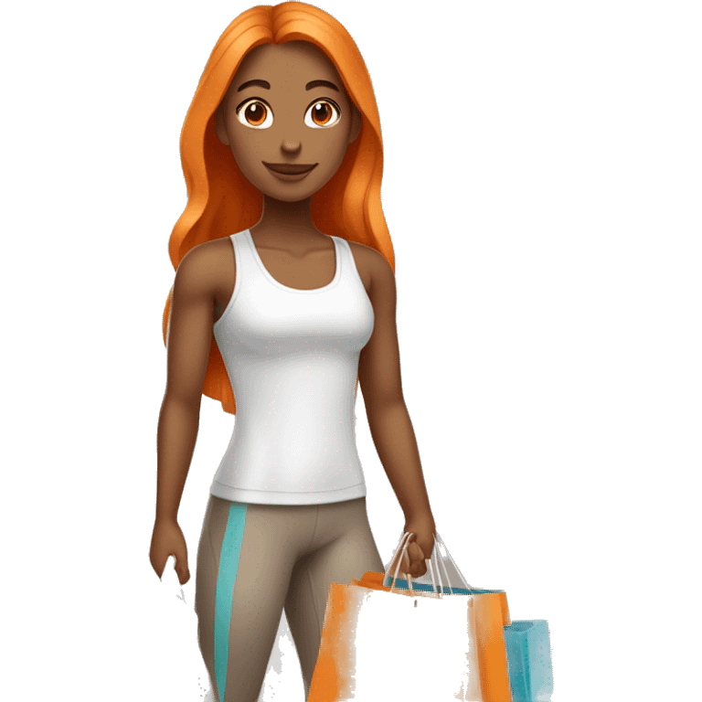 Tan girl with long orange hair wearing cute gym outfit holding shopping bags emoji