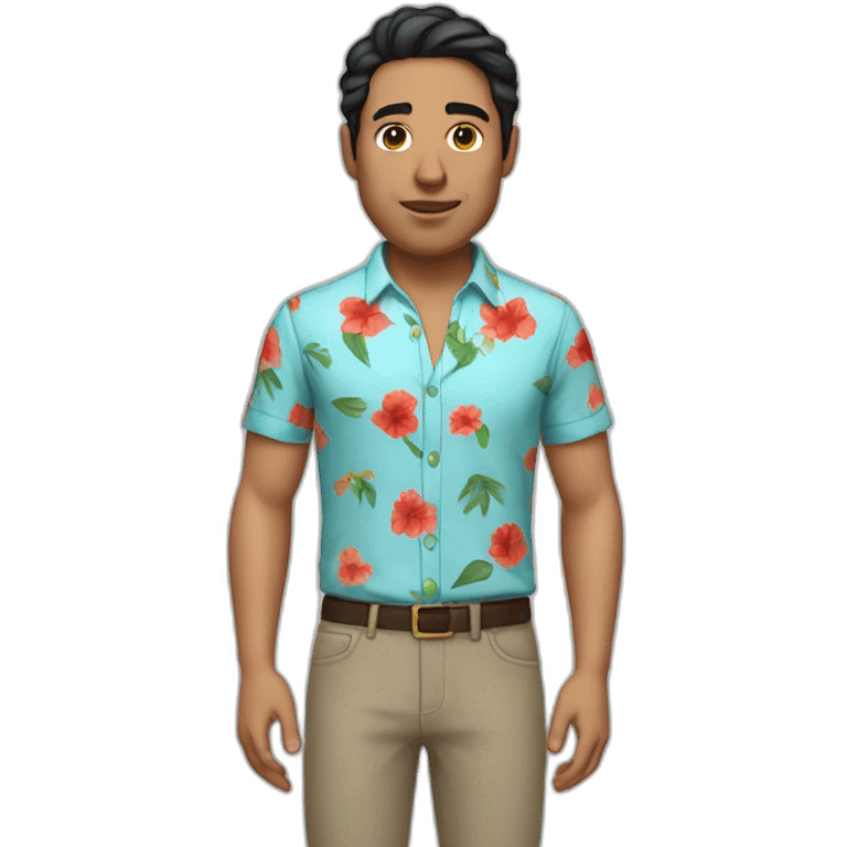 white man with dark hairs with a flower shirt and a red pant emoji