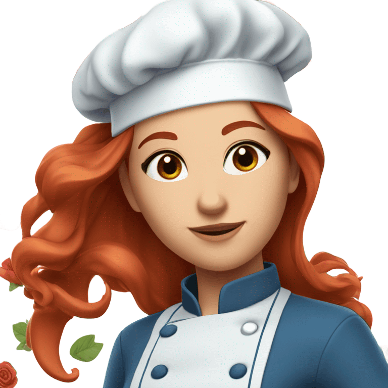 Attractive long red hair girl chef, with blue clothes on all blue.. and roses on her clothes with beautiful brown eyes not round  emoji