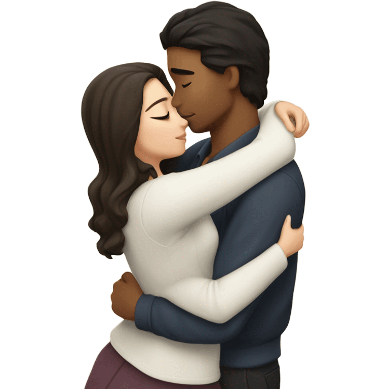 A pale half Asian man with short dark hair and amber eyes embracing and loving a white woman with long wavy brunette hair and dark hazel eyes. They love each other a lot And have good fashion taste and are hugging each other tight  emoji