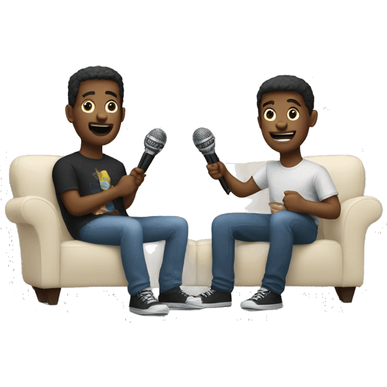 Two friends sitting on couch holding microphones emoji