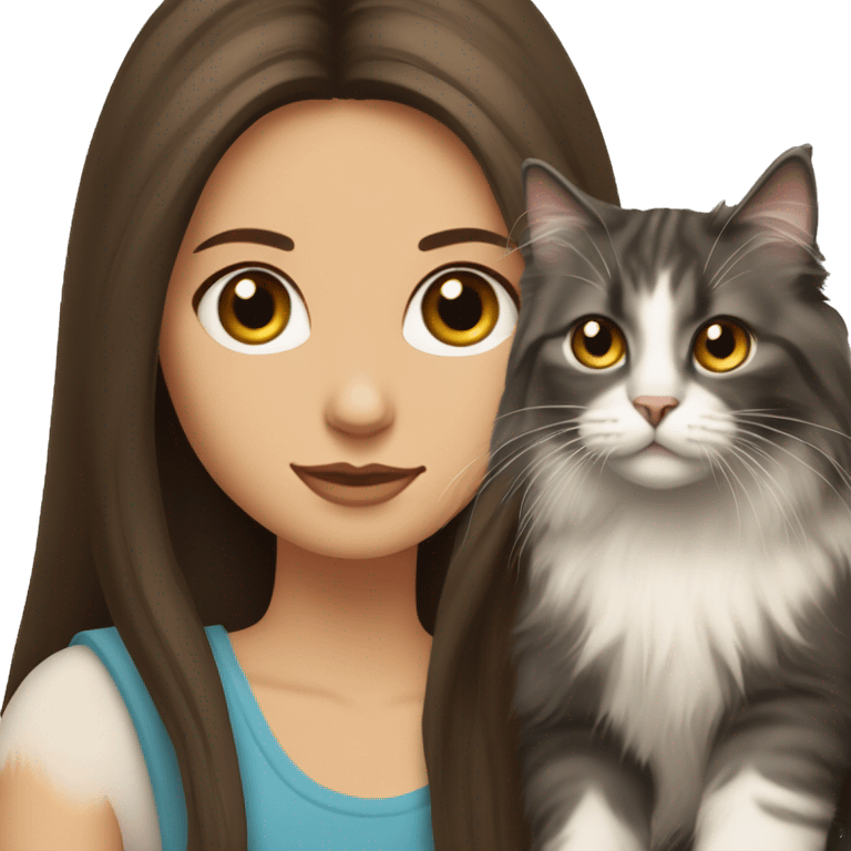 long straight haired blue eyed brunette woman holding norwegian forest cat with amber eyes emoji