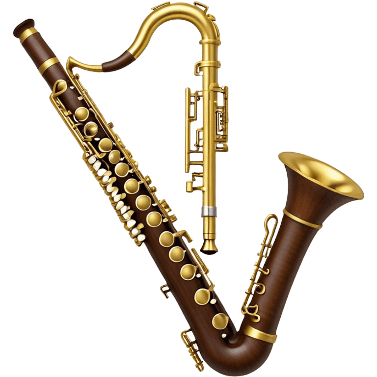 Create a refined and sophisticated emoji representing the Yamaha Custom Duet+ oboe. The design should feature the sleek, polished body of the oboe with elegant keywork details and a rich wood finish. The oboe should have a shiny, metallic look for its key components, and the bell should be subtly flared. Add musical notes or sound waves gently emanating from the instrument to reflect its melodic, smooth sound. Use warm, earthy tones like dark brown, gold, and silver to evoke the professional, classic vibe of a high-end woodwind instrument. The background should be transparent. emoji