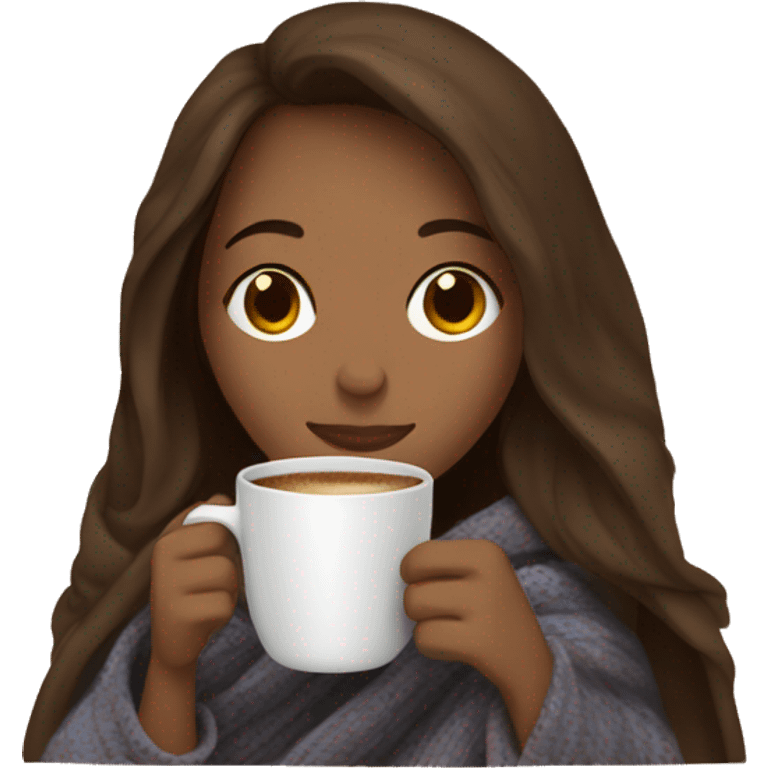 Brown hair Girl drinking coffee, with a cozy blanket emoji