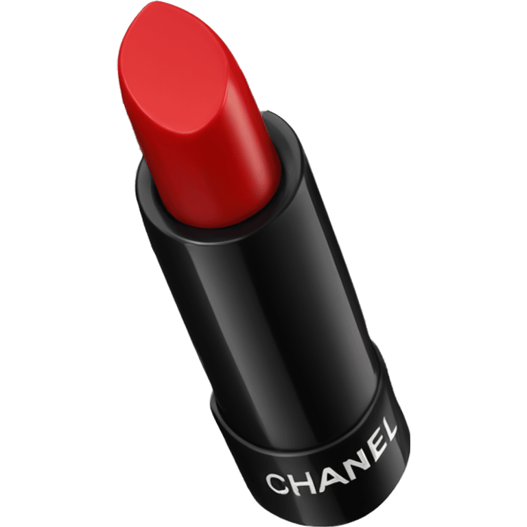 A Chanel lipstick with a bold red shade, embossed logo, and a sleek black and white casing. emoji