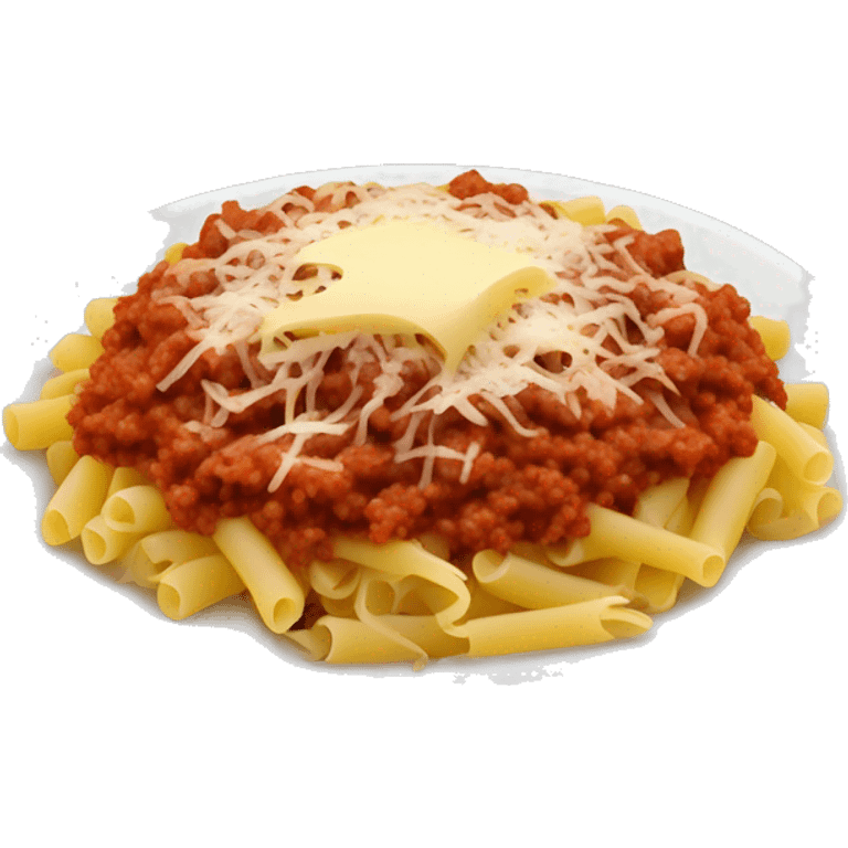 minced meat pasta with tomato paste and some grated cheese on top emoji