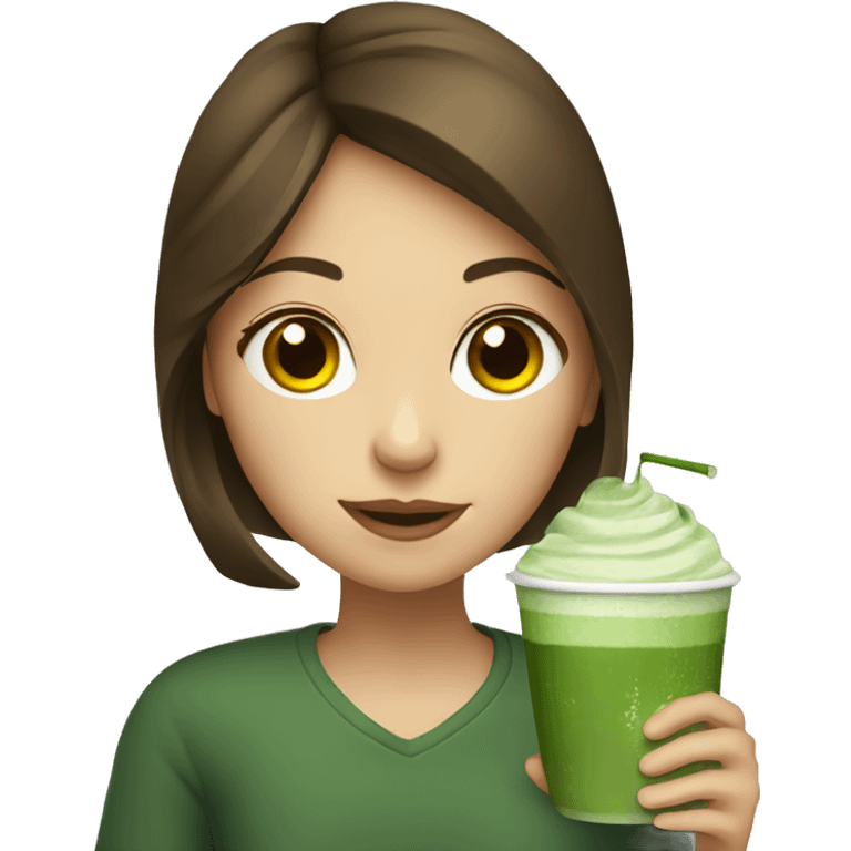 Girl with brown hair drinking matcha emoji