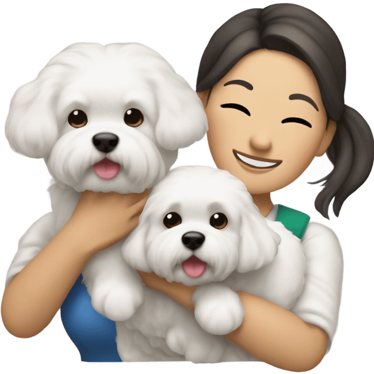 Hair-in-a-bun traveling Asian woman carrying a happy and cute bichon frise emoji