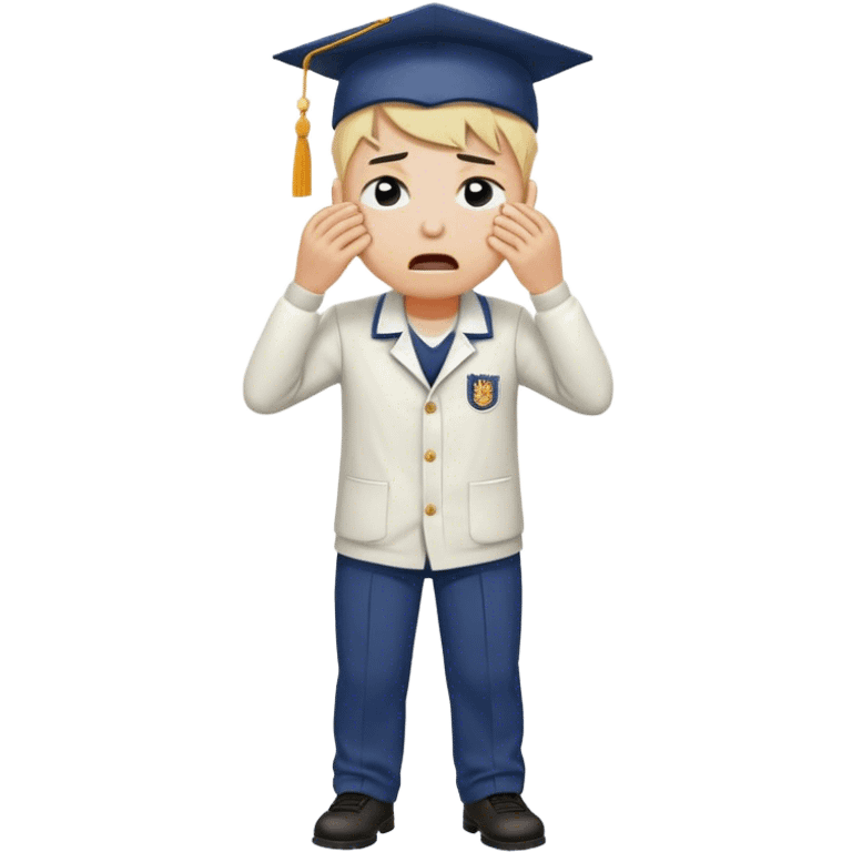 Create an emoji of a student with white skin tone crying. He is wearing a university uniform, including a shirt and pants and hat. The man is visibly upset, with tears streaming down his face. The background should be simple to emphasize his emotional state, conveying the feeling of being overwhelmed with university stress or personal struggles. close head shot emoji