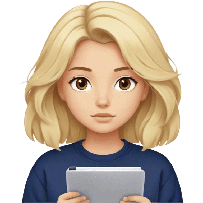 blonde model, brown eyes, medium voluminous hair, comfy navy sweatshirt, writing emoji