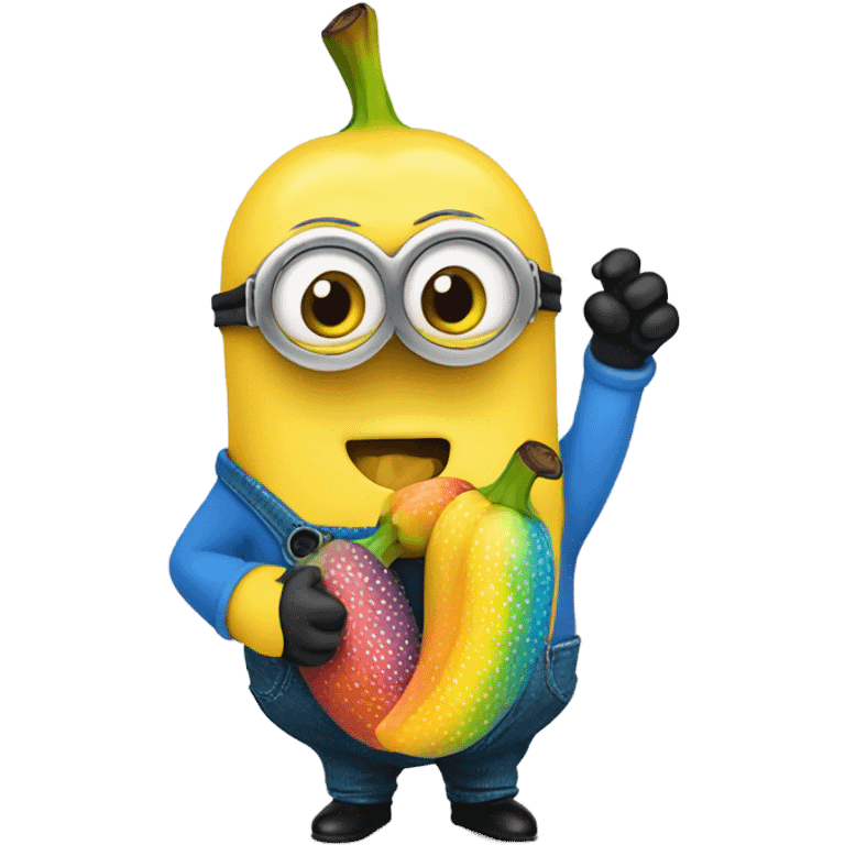 Minion eating a rainbow banana emoji