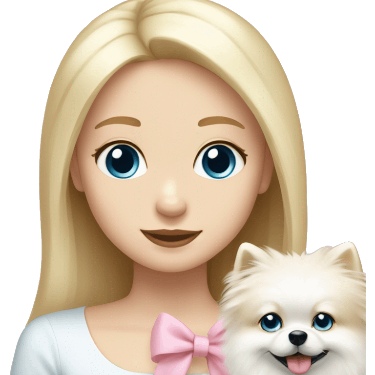 Blond girl white skin blue eyes hugging white Pomeranian with light pink bow emoji