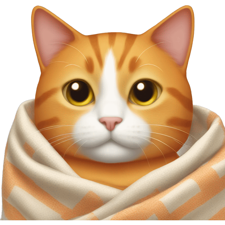 Orange cat with a small white spot on its chest wrapped in a blanket. emoji