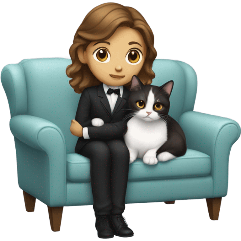 Light skinned woman with brown hair sitting on the couch laptop on her lap next to small black and white tuxedo cat emoji