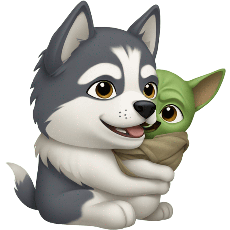 Husky carrying baby yoda emoji