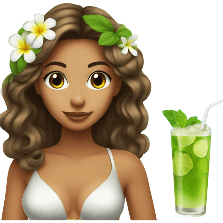 brunette tanned girl with highlights, long lashes and a flower on her hair at the beach drinking a mojito emoji