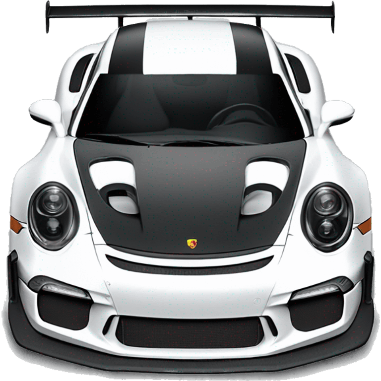 Create a realistic illustration of a white Porsche 911 GT3 RS, highlighting details like the rear wing, air intakes, headlights, and black accents. Position the car on a racetrack or urban backdrop to emphasize its dynamic design emoji