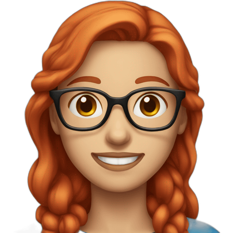 female with long red hair and glasses smiling with blue eyes and red shirt emoji