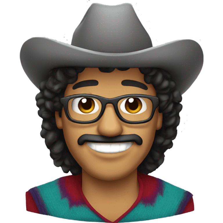 A heavier mexican man, with a curly black mullet, with a smile that shows his teeth grills wearing a cowboy hat and circular glasses and a poncho emoji