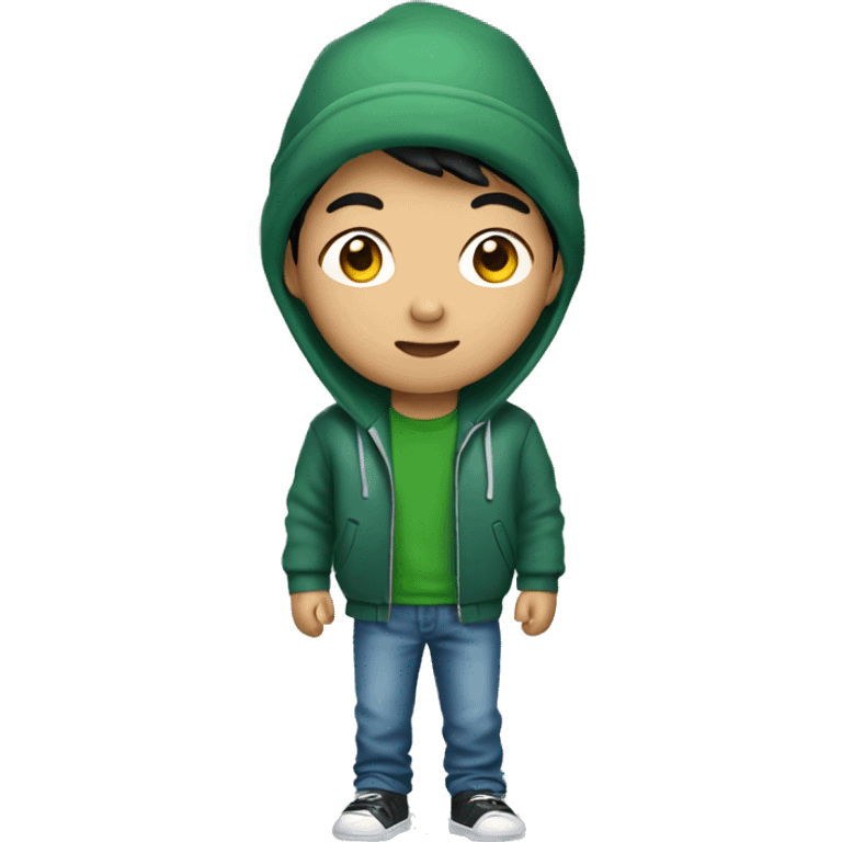 asian boy with beanie hat wearing green hoodie with jeans jacket  emoji