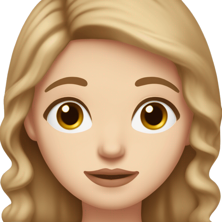 A plump white girl with small almond brown eyes, brown eyebrows and eyelashes, medium length soft brown hair, medium sized nose, medium sized pink lips and pink cheeks. emoji