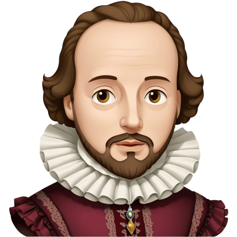 Cinematic Realistic portrait of William Shakespeare, depicted as an iconic playwright in richly detailed Elizabethan attire with a ruffled collar, expressive eyes, and a thoughtful gaze, bathed in dramatic historical lighting that evokes the Bard’s timeless legacy emoji