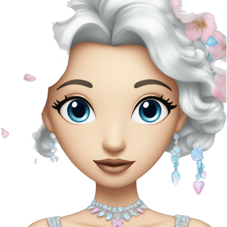 Gorgeous pastel Lady with blue eyes in a sparkly shiny dress with tiara and necklace and flowers behind her and trending  emoji