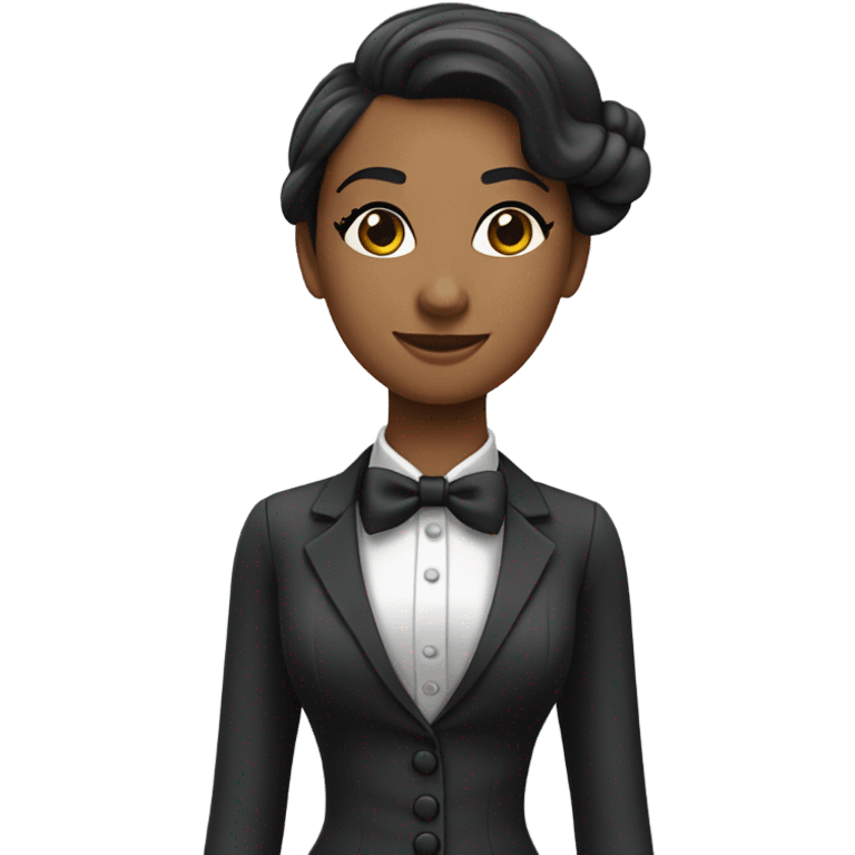 a female butler with a professional and elegant demeanor. She has her hair neatly tied in a ponytail and wears a classic butler uniform, including a tailored vest, crisp white shirt, and bow tie. emoji