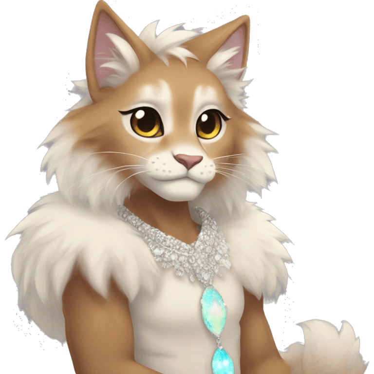 Furry, sparkle, iridescent, colorful, pastel, edgy, cool, fantasy beautiful, brown, beige, white, divine, godly, angelic, animal, anthro, full body, fursona, feline emoji