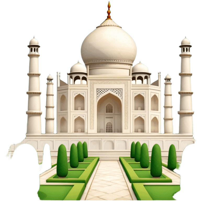 Cinematic Realistic Taj Mahal Landmark Emoji, depicted as the iconic marble mausoleum set amidst lush gardens rendered with intricate detail and ethereal, soft lighting. emoji