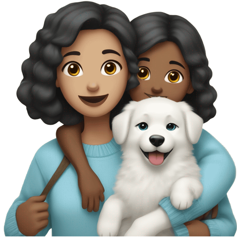 A girl with black Medium bob hair in a sky blue sweater holds a Samoyed puppy in her arms emoji