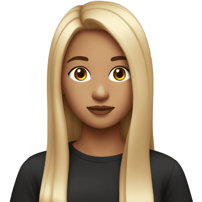 Girl with long straight hair with parting in the middle brown eyes black t-shirt with cut nice makeup emoji