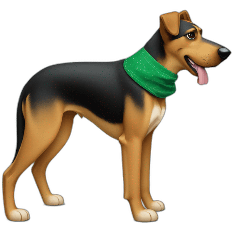 75% Coonhound 25% German Shepherd mix dog wearing small plain green bandana side view full body in profile left facing emoji